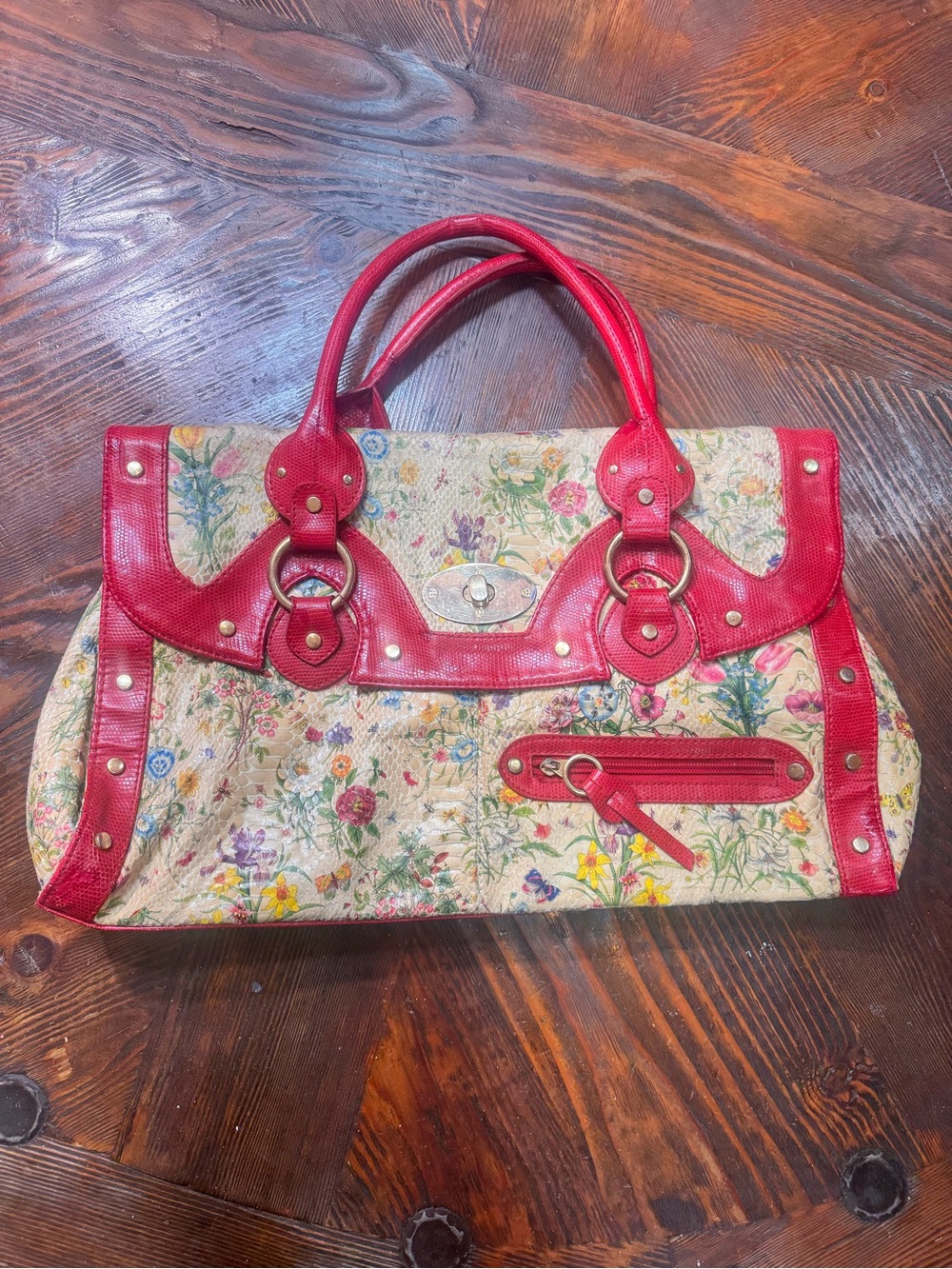 Aldo Red Trim Floral Tote Bag